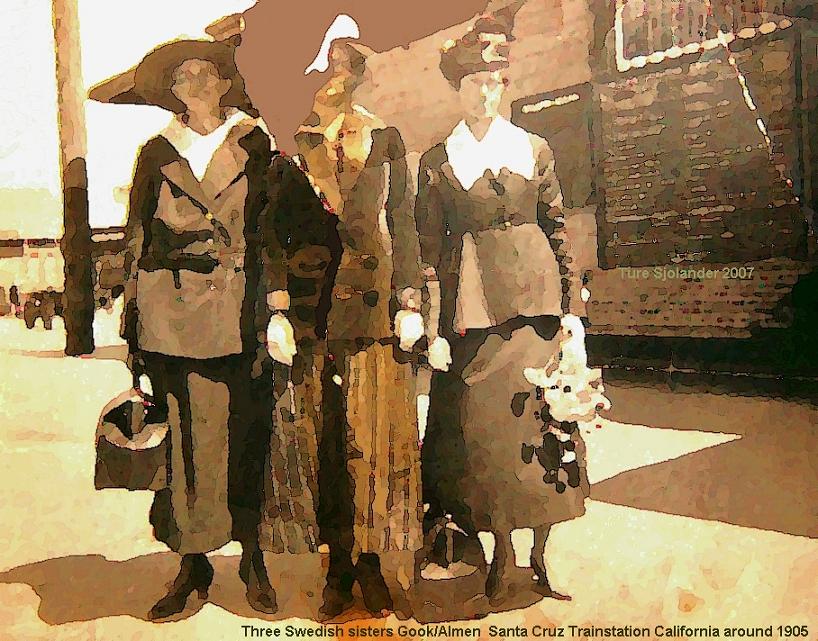 The three sisters Almen former Göök at the trainstation in Santa Cruz California around 1907